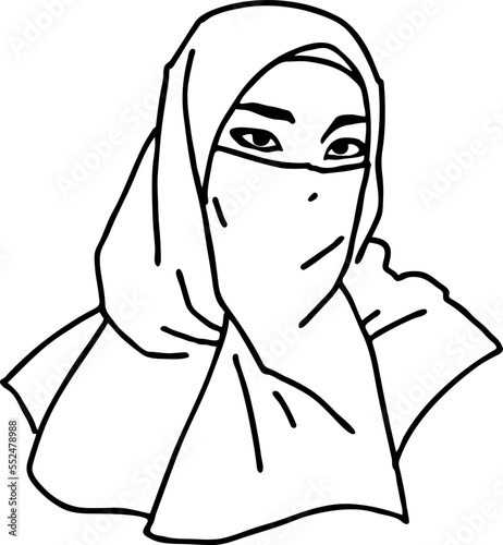 Young Arab woman with beautiful face in traditional fashion niqab head wear. Hand drawn isolated vector line illustration. Comic cartoon character.
