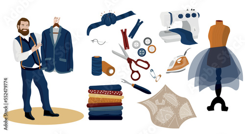 Male designer with stylish clothes and set of professional items on white background