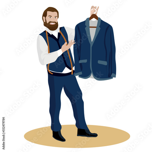 Male tailor with stylish clothes on white background