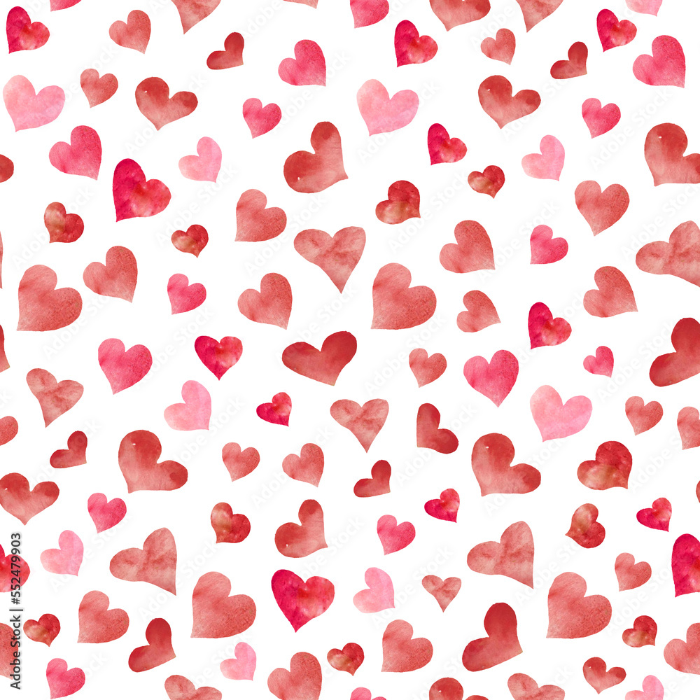 Watercolor seamless pattern with abstract red hearts. Hand drawn hearts illustration isolated on white background. For packaging, textile, wrapping design or print.