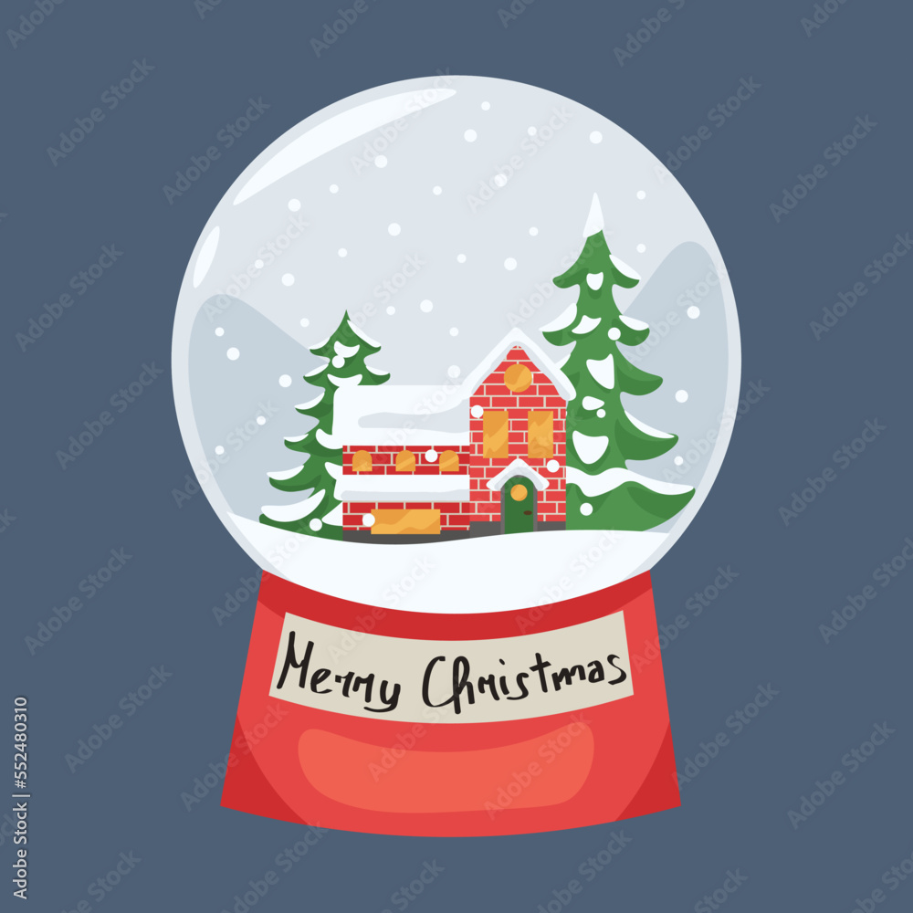 Snow globe with house and Christmas trees inside on grey background Snow globe with house and Christmas trees inside on grey background