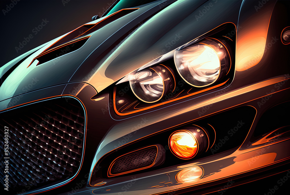 A contemporary luxury car's headlight is seen in close up. Generative AI