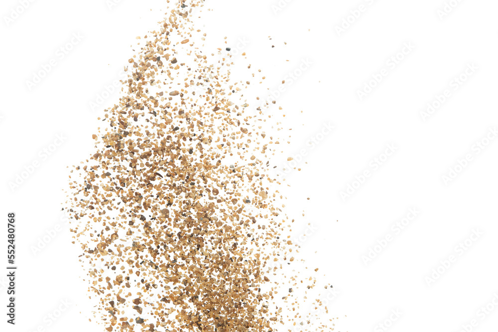 Big size Sand flying explosion, Golden grain wave explode. Abstract cloud fly. Yellow colored sand splash throwing in Air. White background Isolated high speed shutter, throwing freeze stop motion