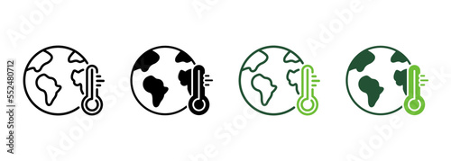 Earth and Thermometer Line and Silhouette Icon Set. Global Climate Change. Planet Heat Temperature, Danger Ecological Problem Symbol Collection on White Background. Isolated Vector Illustration