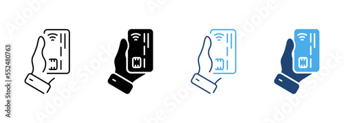 Hand Hold Credit Card Line and Silhouette Icon Set. Debit Card Customer Pay for Electronic Purchase. Financial Payment Bank Symbol Collection on White Background. Isolated Vector Illustration