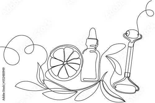 Continuous drawing of one line of bottles with oil or honey or lemon or lime juice for scrubbing and body skin care with natural herbal skin care products, top view of ingredients. Vector illustration