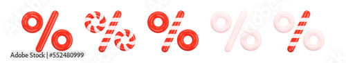Percent sign. Glossy 3D symbol in the Festive Christmas and New Year Candy Cane style on a white background. Percentage, discount, sale, promotion concept. 3d vector illustration. Icon set