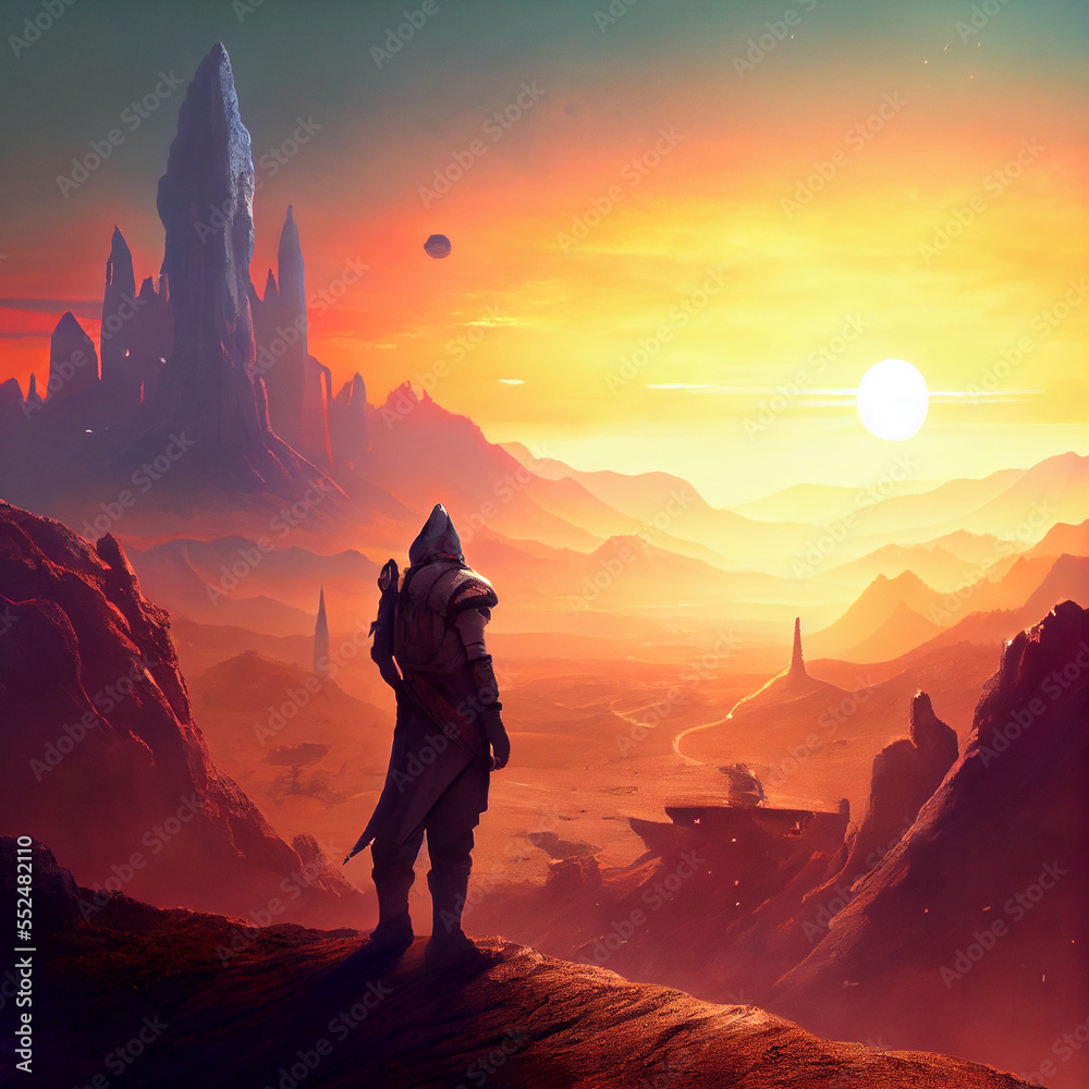 Explorer surveying landscape on planet Explorer surveying landscape on planet