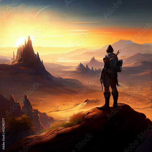 Explorer surveying landscape on planet © Peter