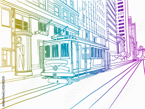 Cable Car in San Francisco. California streetcar. USA. Traditional California car. Hand drawn urban sketch. Colourful Digital illustration. Vector background.

