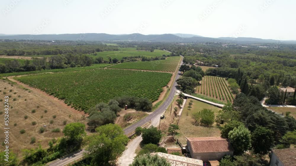 Car passing through a road along vineyards wine making factory aerial shot Car passing through a road along vineyards wine making factory aerial shot