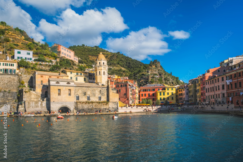 Cinque Terre, Italy - Scenic view of marina In colorful fishermen village Vernazza, Liguria. September 2022