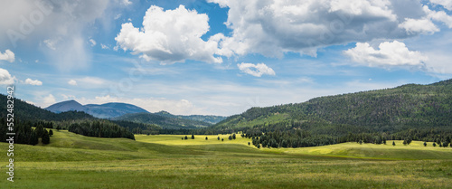 Panorama of a vast landscape of mountains and green meadows beneath a beautiful sky in the Valles Caldera National Preserve, New Mexico