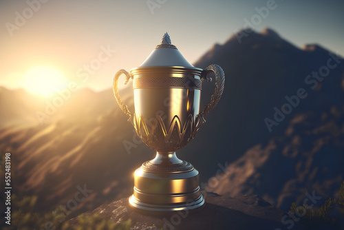 Cup on top of a mountain. Sunset in the mountains. Symbol of success. Generative AI.