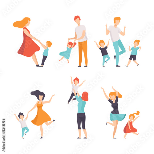 Parents and Their Children Dancing Spending Good Time Together Vector Set