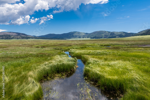 Idyllic landscape of a stream flowing through a grassy meadow under a dramatic sky in the Valles Caldera National Preserve near Santa Fe, New Mexico