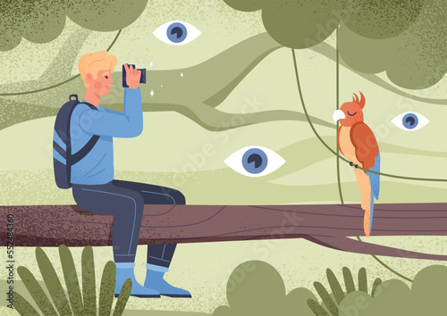 Explorer on branch. Young guy with camera takes pictures of parrot. Wildlife, tropics and exotics, Savannah. Poster or banner for website. Biology and nature. Cartoon flat vector illustration