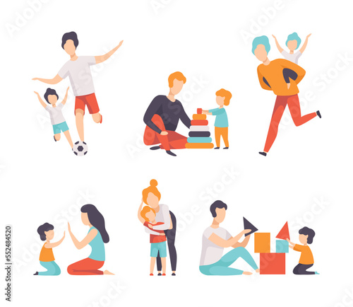 Mom and Dad with Their Son Playing Football, Toy Block, Embracing and Clapping Hands Spending Good Time Together Vector Set