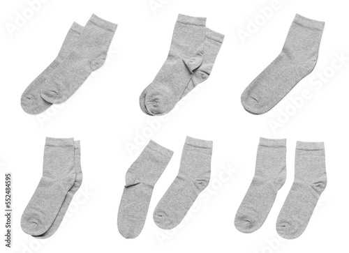 Set with grey socks on white background