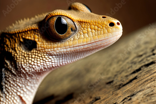 Sand gecko, Stenodactylus petrii, headshot on wooden background. Generative AI photo