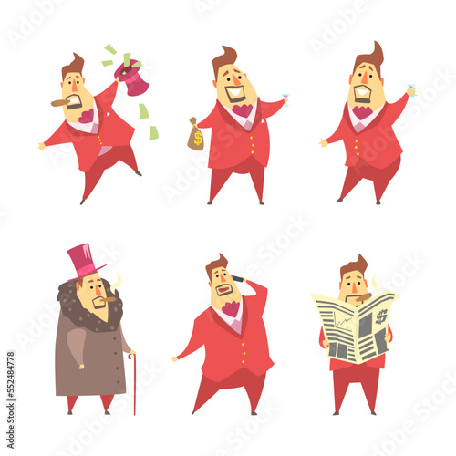 Fat Rich Millionaire Man in Red Suit with Money Sack, Smoking Cigar and Reading Newspaper Vector Set