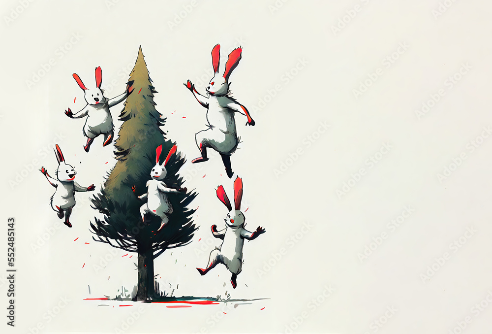 Obraz premium Funny white hares jumping around the pine. Vector. Generative AI