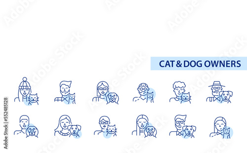 Set of cat and dog owners of different ages icons. Pixel perfect, editable stroke design