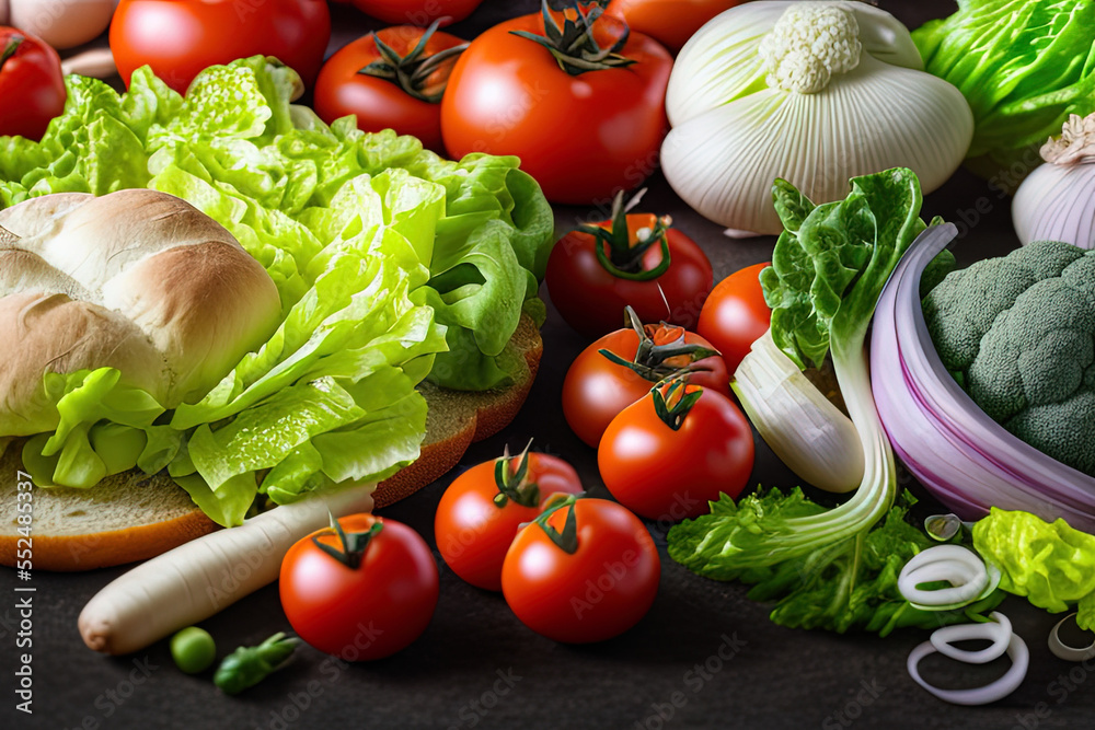 photography of a variety of vegetables are arranged on a table top with bread and other food items around them - Vegetables - AI Generated photography of a variety of vegetables are arranged on a table top with bread and other food items around them - Vegetables - AI Generated