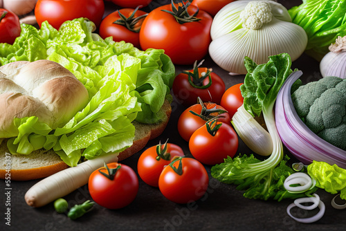  photography of a variety of vegetables are arranged on a table top with bread and other food items around them - Vegetables - AI Generated