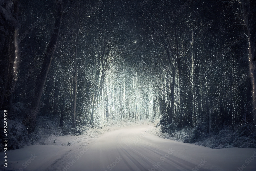 Obraz premium winter road in the forest with lights