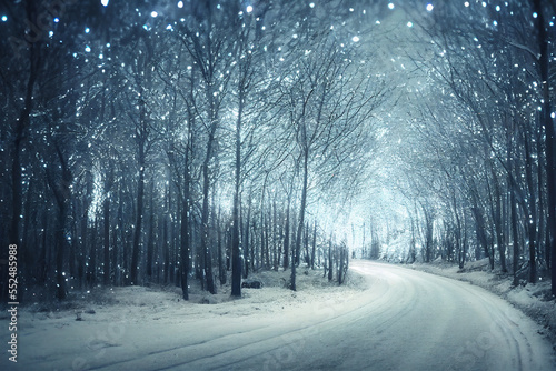 winter road in the forest with lights