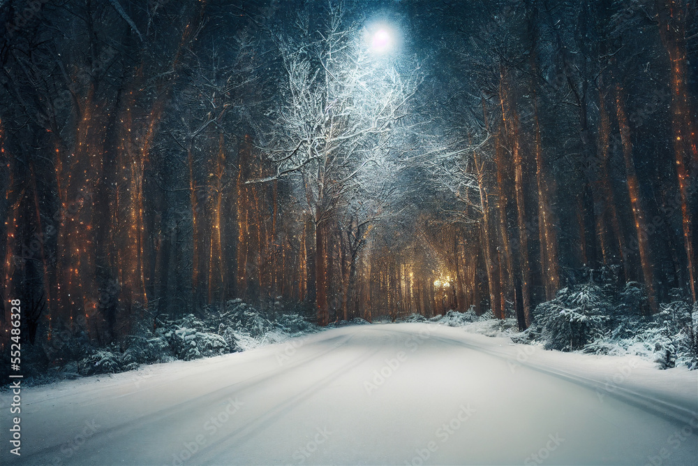winter road in the forest with lights winter road in the forest with lights