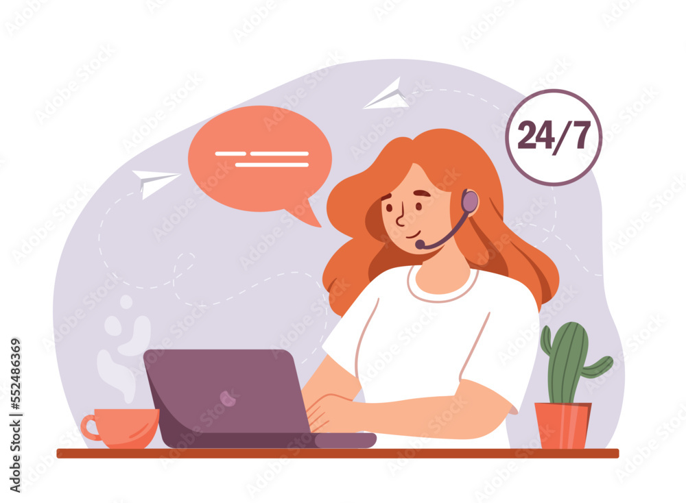 Online technical support. Woman in headphones sits at laptop. Young girl answering customer questions, consultation and remote assistant. Poster or banner for website. Cartoon flat vector illustration Online technical support. Woman in headphones sits at laptop. Young girl answering customer questions, consultation and remote assistant. Poster or banner for website. Cartoon flat vector illustration