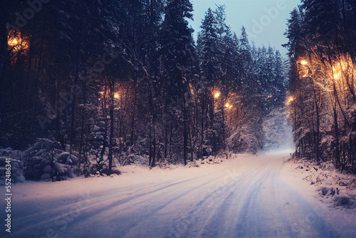 winter road in the forest with lights