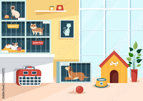 Adopt a Pet From an Animal Shelter in the Form of Cats or Dogs to Care for and Look After in Flat Cartoon Hand Drawn Templates Illustration