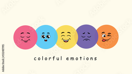 Colorful emotions set. Collection of graphic elements for website, poster or banner. Positivity and optimism, emoji for social networks and instant messengers. Cartoon flat vector illustration