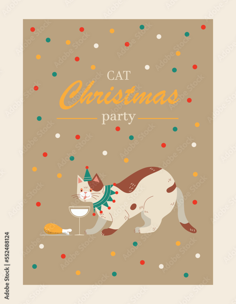 Christmas cat with drink. Kitten in hat drinks from glass of milk and chicken leg. Party and event, confetti and decor. Graphic element for printing on fabric. Cartoon flat vector illustration