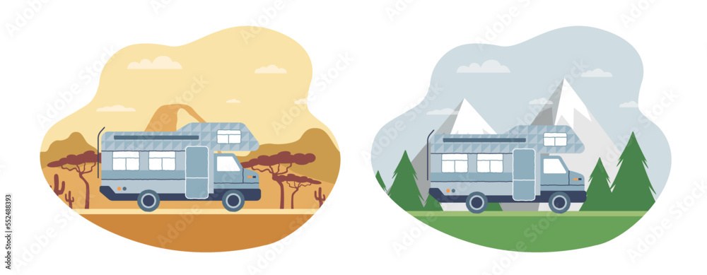 Camping trailers scene set. Camp and van collection, travel, tourism and adventure metaphor, mobile home. Active lifestyle and hiking. Cartoon flat vector illustrations isolated on white background