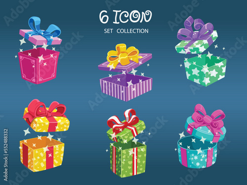 Set of Christmas Open  Gifts Box icons. Symbol of happy new year. Can be used for printed materials - leaflets, posters, business cards or for web. Vector illustration