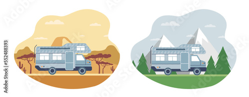 Camping trailers scene set. Camp and van collection, travel, tourism and adventure metaphor, mobile home. Active lifestyle and hiking. Cartoon flat vector illustrations isolated on white background © Rudzhan