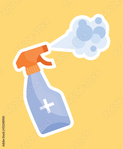 Antibacterial spray icon. Cleaning agent for care of room and apartment, protection against viruses. Inventory for daily affairs and routine. Hygiene and healthcare. Cartoon flat vector illustration
