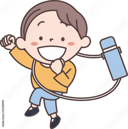 水筒を持って楽しくジャンプをしている男の子のイラスト素材