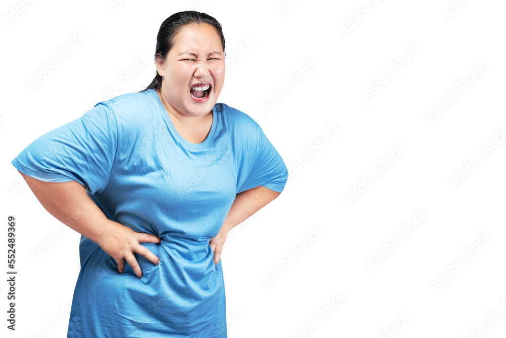Asian fat overweight woman feeling stomach ache Asian fat overweight woman feeling stomach ache