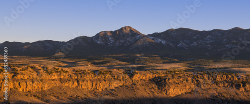 Sunset panorama of the Sangre de Cristo Mountains and Rio Grande Gorge near Taos, New Mexico