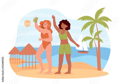 Girls taking selfie. Women on beach in swimsuits with smartphones. Travel and adventure, tourism and holidays in exotic and tropical countries. Poster or banner. Cartoon flat vector illustration