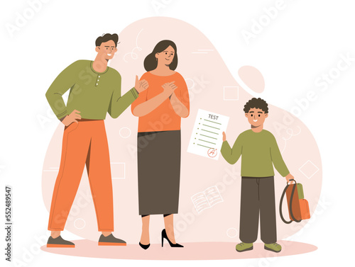 Test exam result. Little boy shows his appreciation to his parents. Education and training, schoolboy with document or certificate. Poster or banner for website. Cartoon flat vector illustration