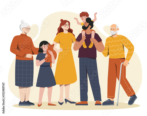 Happy family concept. Man and woman stand next to their son and daughter, grandfather and grandmother. Family portrait or photograph. Good relationship, love. Cartoon flat vector illustration