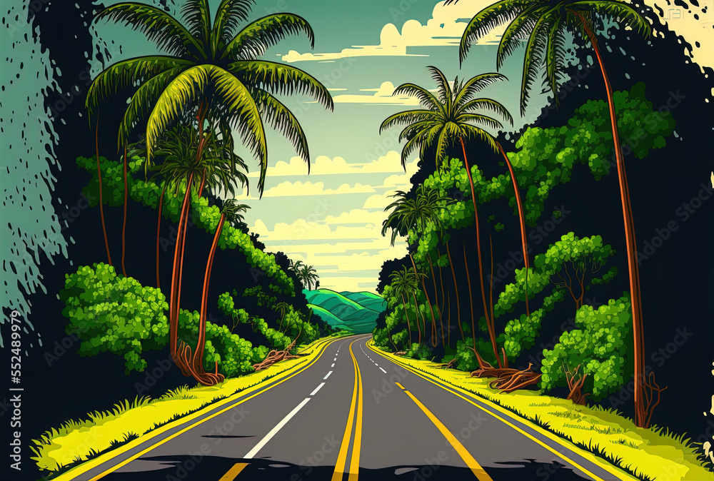 Straight asphalt road lined by vegetation in the Caribbean island of Guadeloupe, France. Generative AI