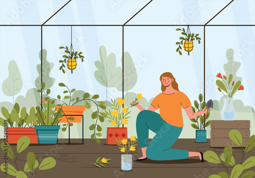 Plants in greenhouse. Woman with flowers, botany and floristry. Love for nature, concern for environment and ecology. Motivational poster or banner for website. Cartoon flat vector illustration