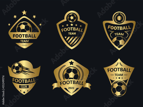 Football badge gold set. Collection of logos and awards for winners in sports competitions. Stickers for social networks and messengers. Cartoon flat vector illustrations isolated on black background